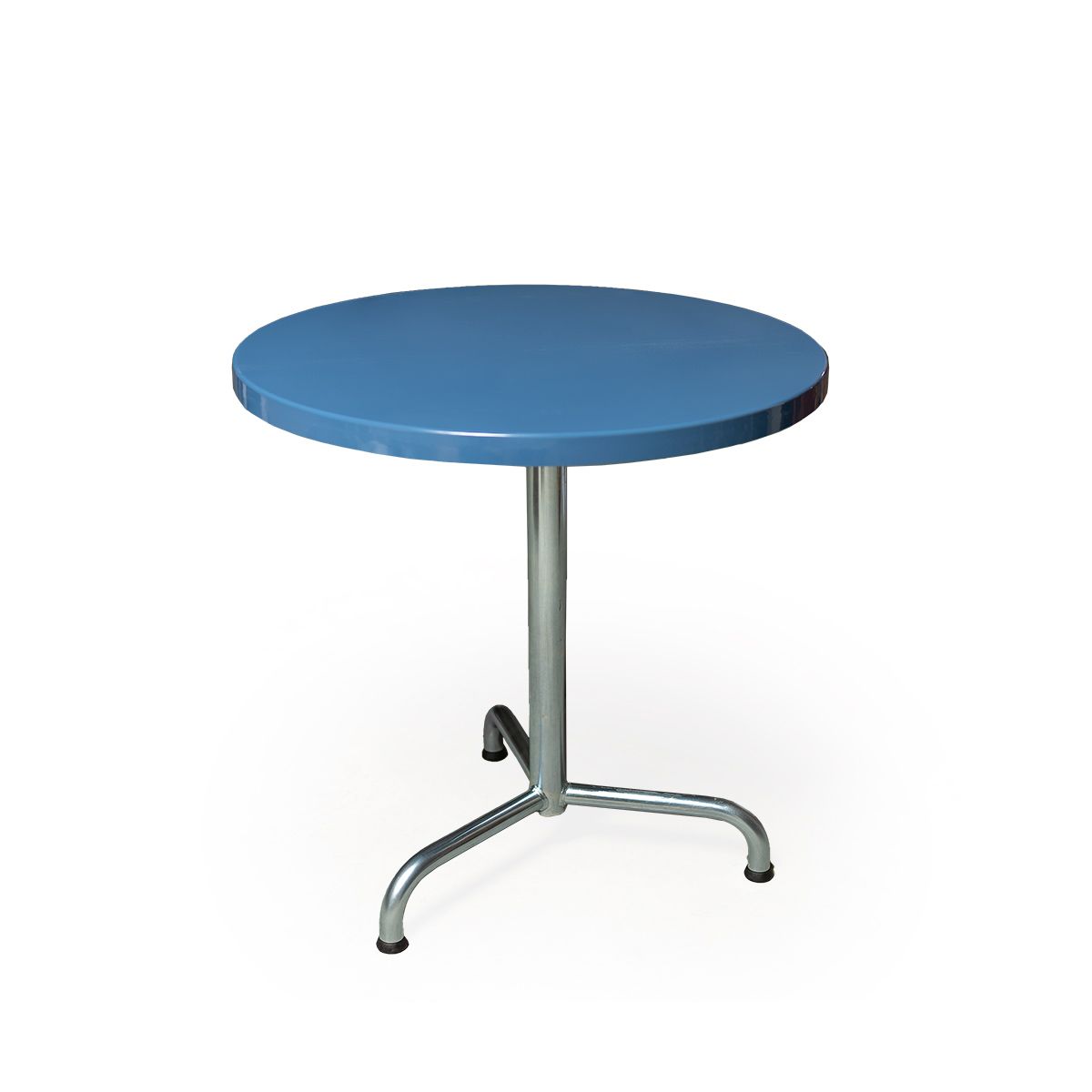 GFK Tisch fernblau, glanz, Untergestell galvanisch, 3-Stern Retro, D 70 x 3.5 cm, H 73 cm GFK Tisch fernblau, glanz, Untergestell galvanisch, 3-Stern Retro, D 70 x 3.5 cm, H 73 cm