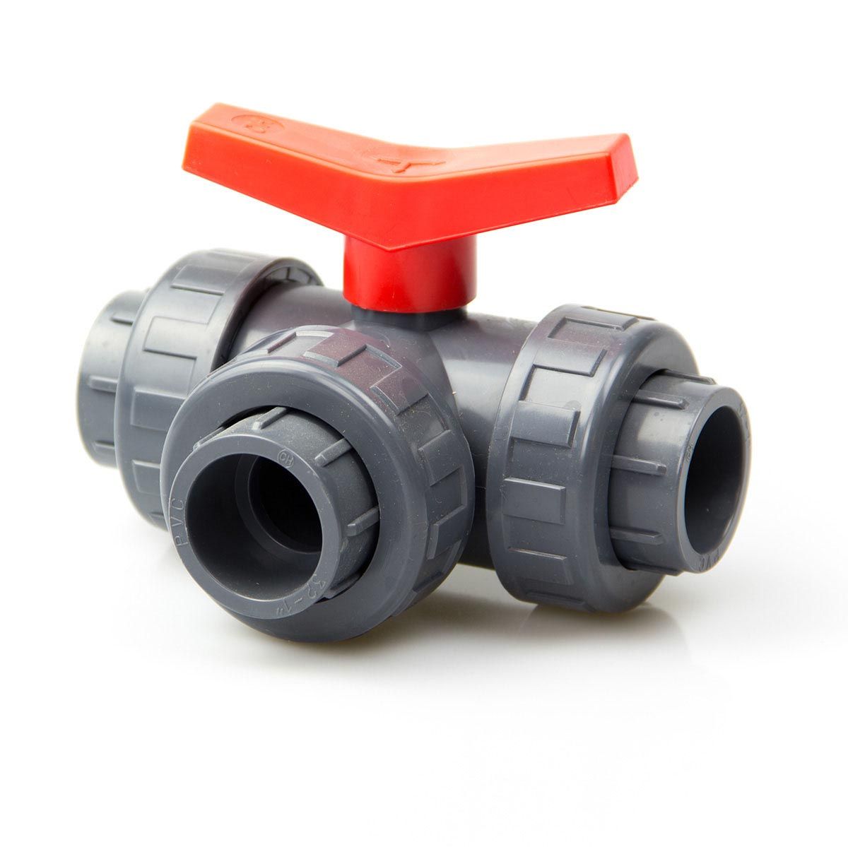 3 Wege Kugelhahn zum Kleben, aus PVC, dunkelgrau, d 25 mm, PN 10 3 Wege Kugelhahn zum Kleben, aus PVC, dunkelgrau, d 25 mm, PN 10