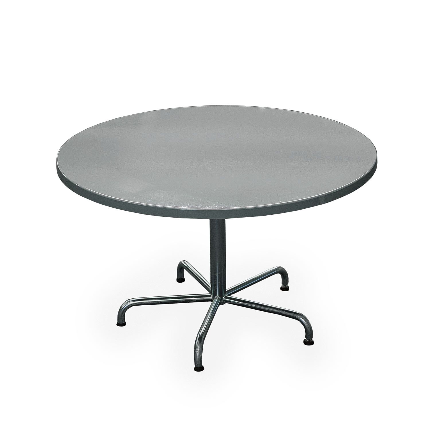 GFK Tisch fehgrau, glanz, Untergestell galvanisch, 5-Stern Retro, D 120 x 3.5 cm, H 73 cm GFK Tisch fehgrau, glanz, Untergestell galvanisch, 5-Stern Retro, D 120 x 3.5 cm, H 73 cm